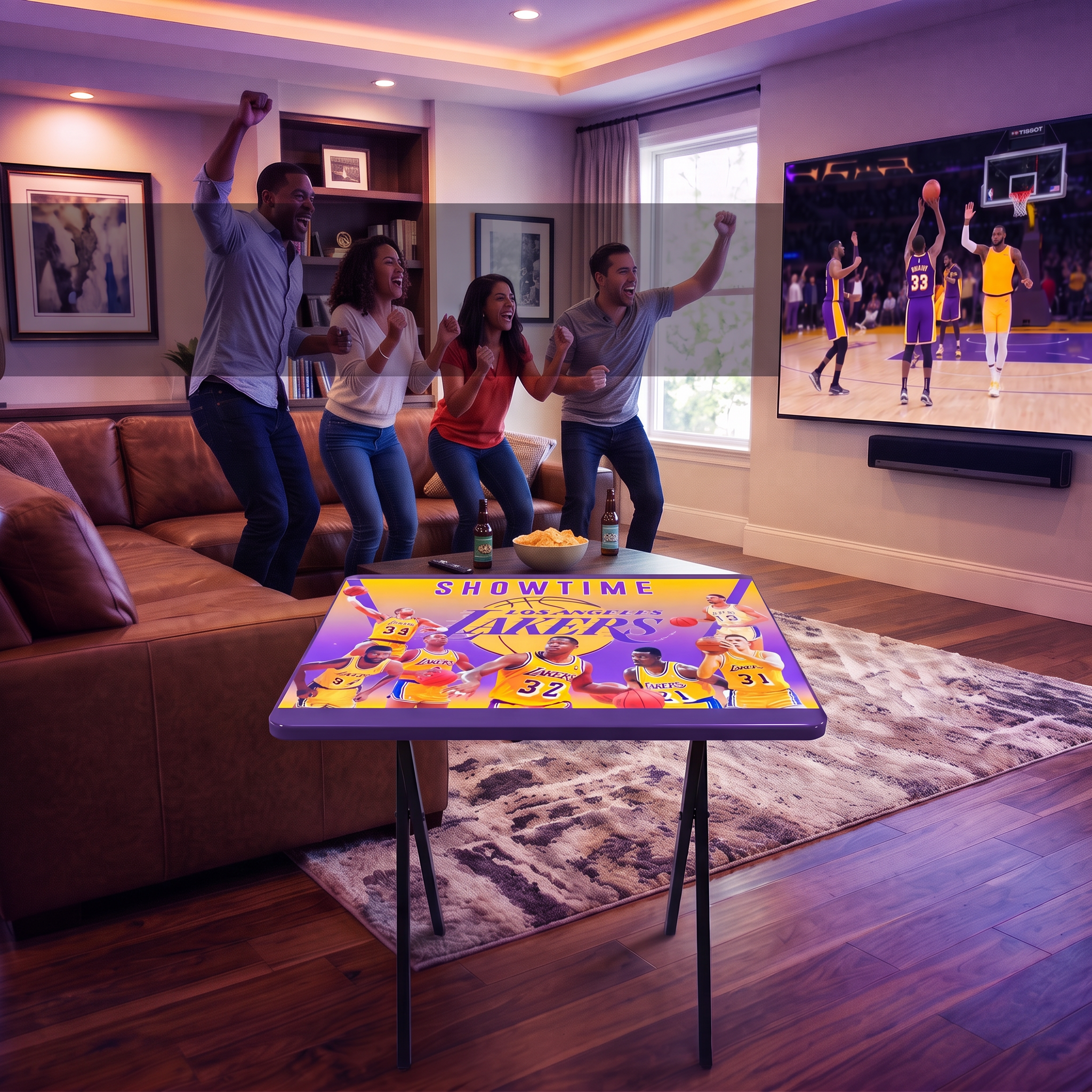 Friends cheering during a Lakers game around a custom Lakers TV dinner table
